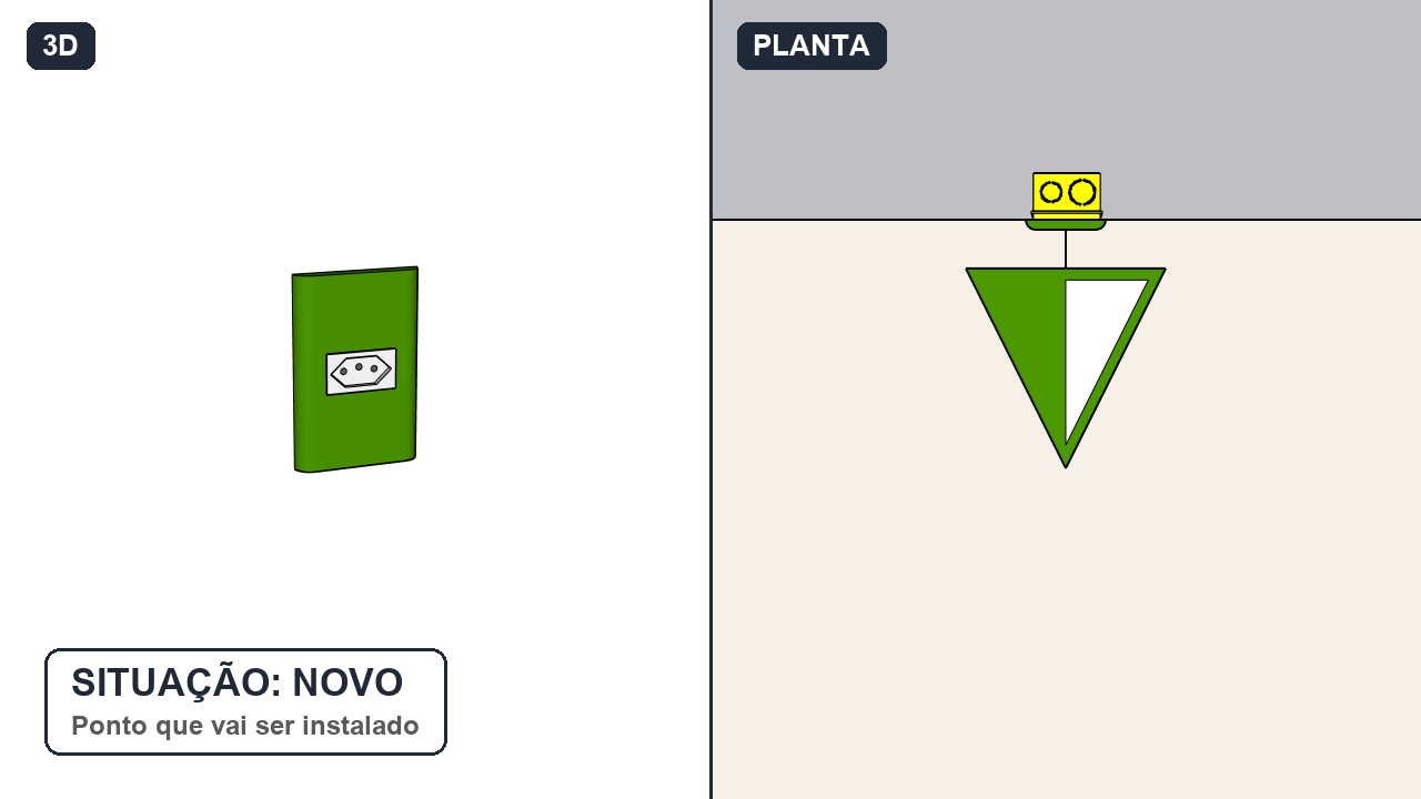 A mesma tomada em cada situação, no 3D e na planta