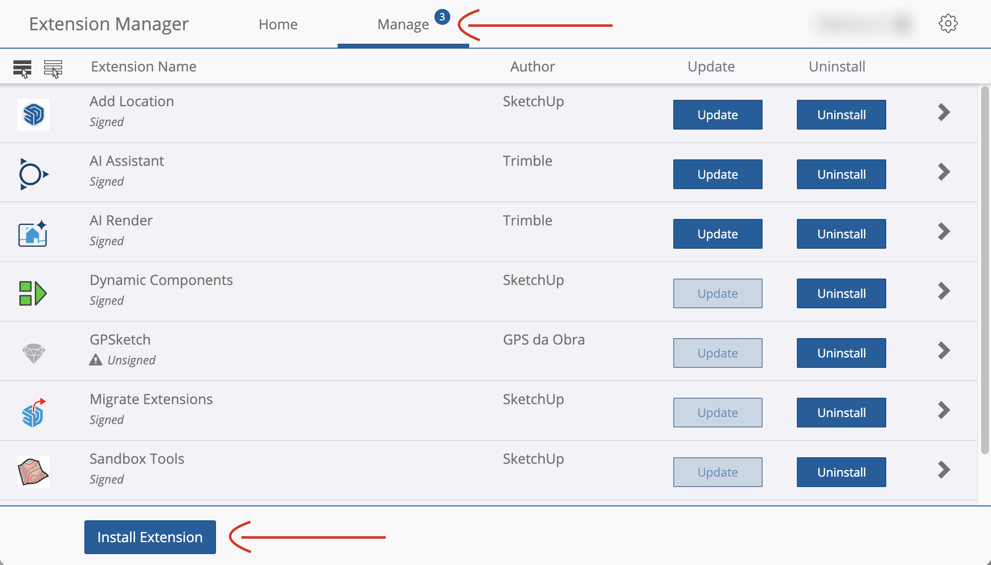 Gerenciador de Extensões: aba Manage e botão Install Extension