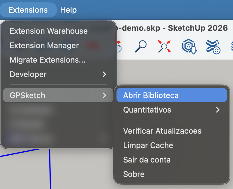 Menu Extensões > GPSketch > Abrir Biblioteca