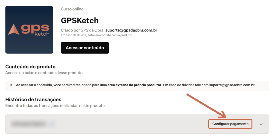 Tela da compra na Hotmart, com o botão Configurar pagamento destacado
